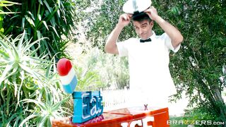 Horny teen Kristen Scott seducing the guy outdoors