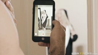 Blonde teen Kenzie Reeves in cat outfit plays with her slit