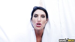 Brunette teen August Ames gets dogged by the horny dude