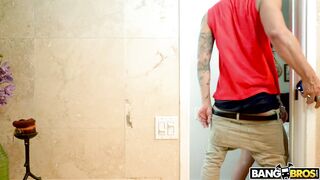 Valerie Kay on knees gives blowjob by the pool