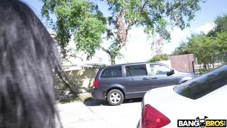 Brunette hottie Rose Monroe gives blowjob on the street