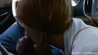 Redhead Penny Pax gives blowjob to Keiran Lee in the car