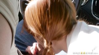 Redhead Penny Pax gives blowjob to Keiran Lee in the car