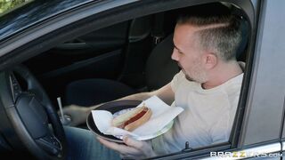 Redhead Penny Pax gives blowjob to Keiran Lee in the car