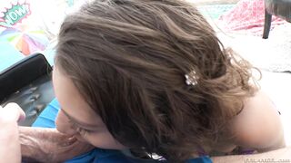 Rebel Lynn orally pleasures the dick and balls outdoors