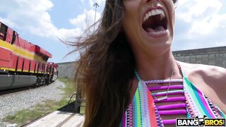 Kelsi Monroe in mini skirt demonstrates her nice ass and legs