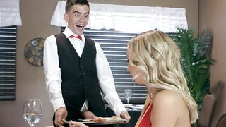 Blonde Kat Dior is sucking cock in the restaurant