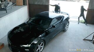 Katrina Jade in leather outfit gives blowjob