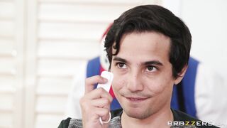 Noemie Bilas under the table gives blowjob to Ricky