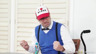 Noemie Bilas under the table gives blowjob to Ricky