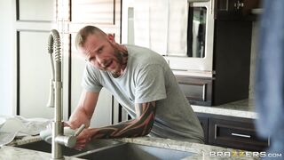 Ebony Moriah Mills is sucking the white cock in the kitchen