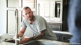 Ebony Moriah Mills is sucking the white cock in the kitchen