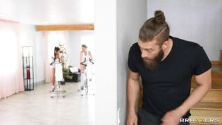 Xander Corvus is masturbating on Dee Williams and Ember Snow