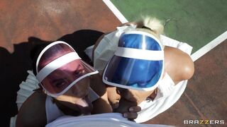 Jmac gets his big cock sucked off by Phoenix Marie and Kelsi Monroe