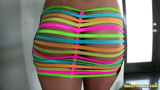 Candice Dare wearing special outfit demonstrating her butt