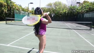 Kiara Mia playing tennis as her juggs bouncing