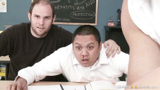 Laura Bentley demonstrates parts of her vagina in the classroom